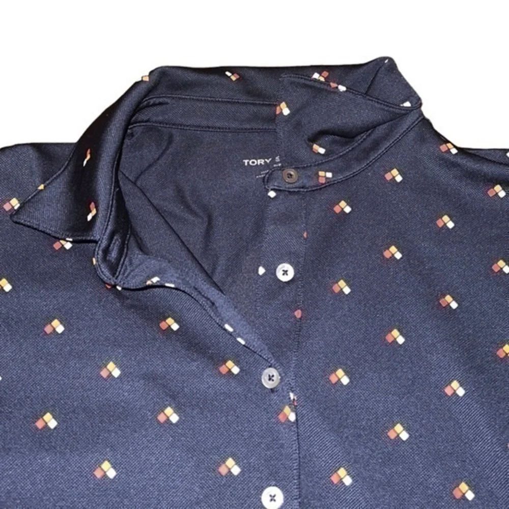 Tory Burch Sport Retro-Print Navy Blue Tech Pique Polo Golf‎ Shirt Size Small